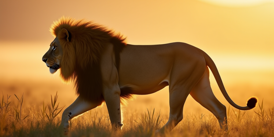 Lion majestueux marchant dans la savane au matin