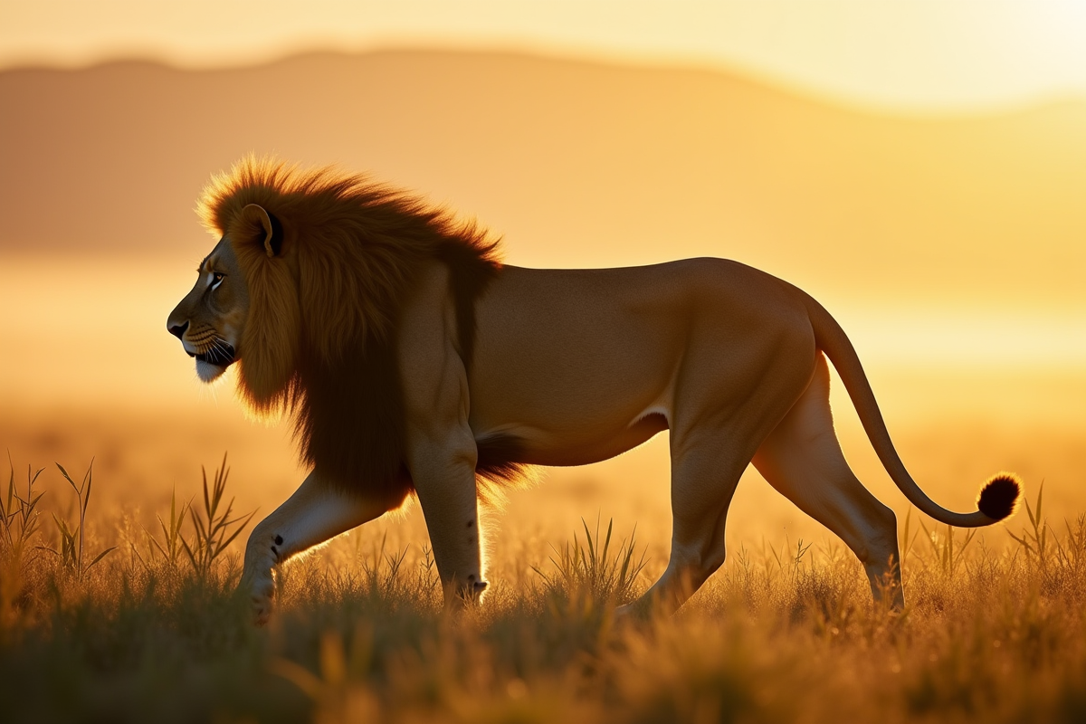 Lion majestueux marchant dans la savane au matin