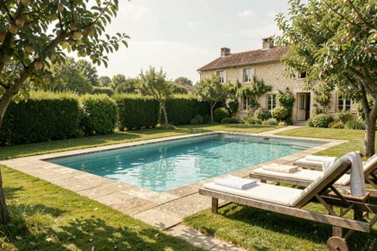 Piscine privée avec vue sur la campagne normande et maison en pierre en arrière-plan
