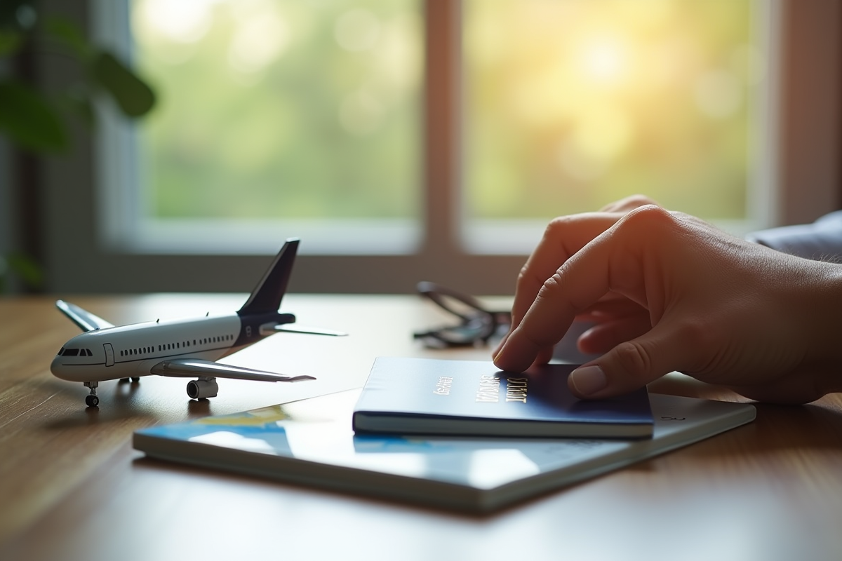 Main posant un passeport avec un avion miniature et guide de voyage