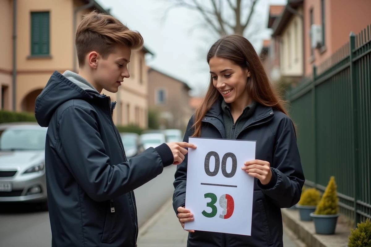 Mère montrant un document avec le drapeau italien à son fils