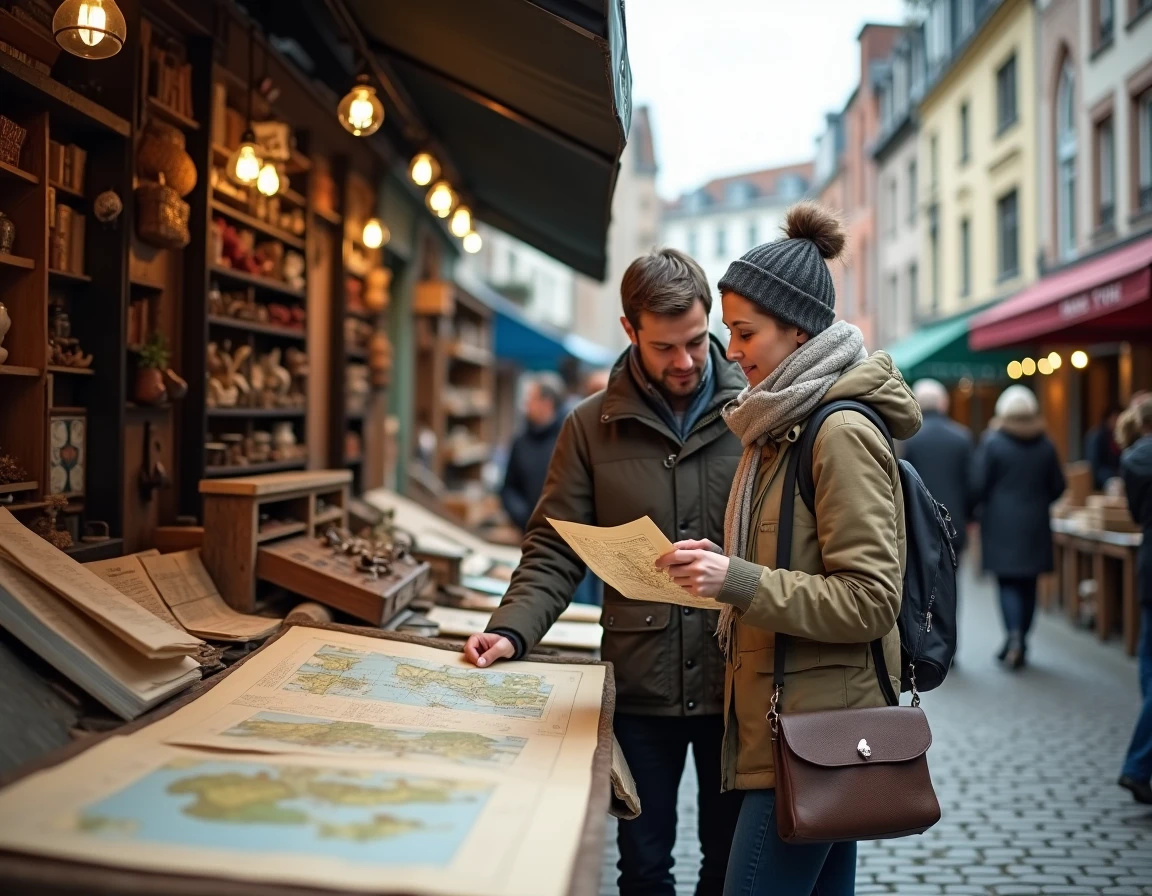 Couple parcourant des cartes anciennes et des objets vintage au marché du Vrijdagmarkt à Gand un weekend