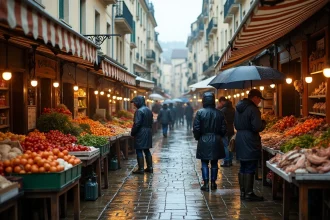 Marché de Fort Mahon sous la pluie avec des étals couverts de bâches rayées et des visiteurs sous des parapluies colorés