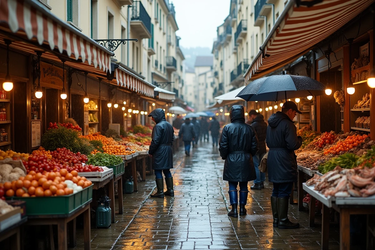 Marché de Fort Mahon sous la pluie avec des étals couverts de bâches rayées et des visiteurs sous des parapluies colorés