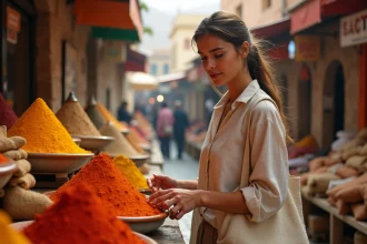 Jeune femme explorant le marché des épices du Grand Socco à Tanger avec un petit budget