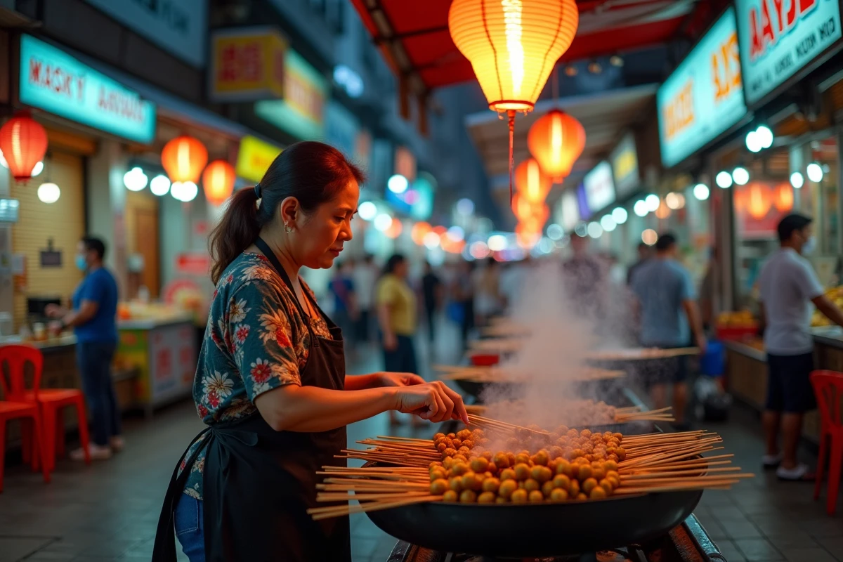 Marchande de satay dans l'animation nocturne du marché de rue Jalan Alor à Kuala Lumpur