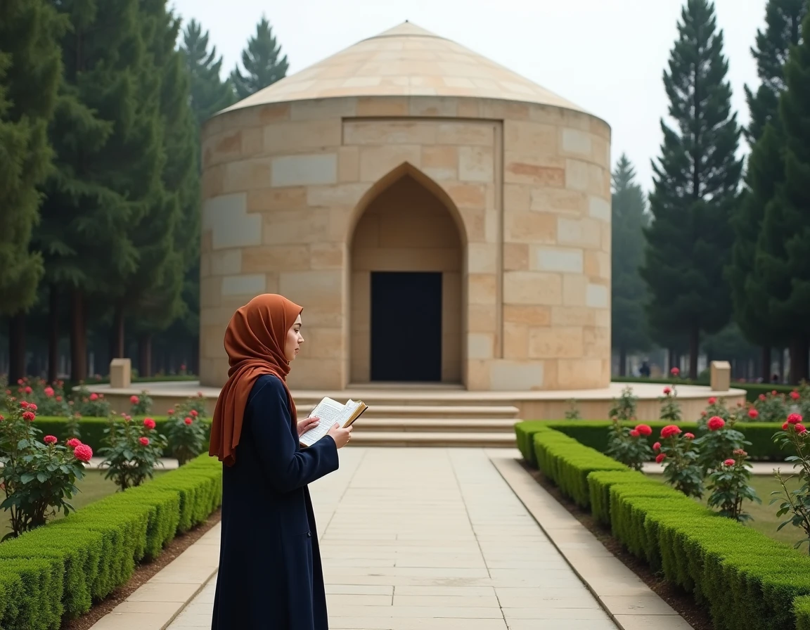Jeune femme iranienne devant le mausolée d'Avicenne dans les jardins de Hamadan