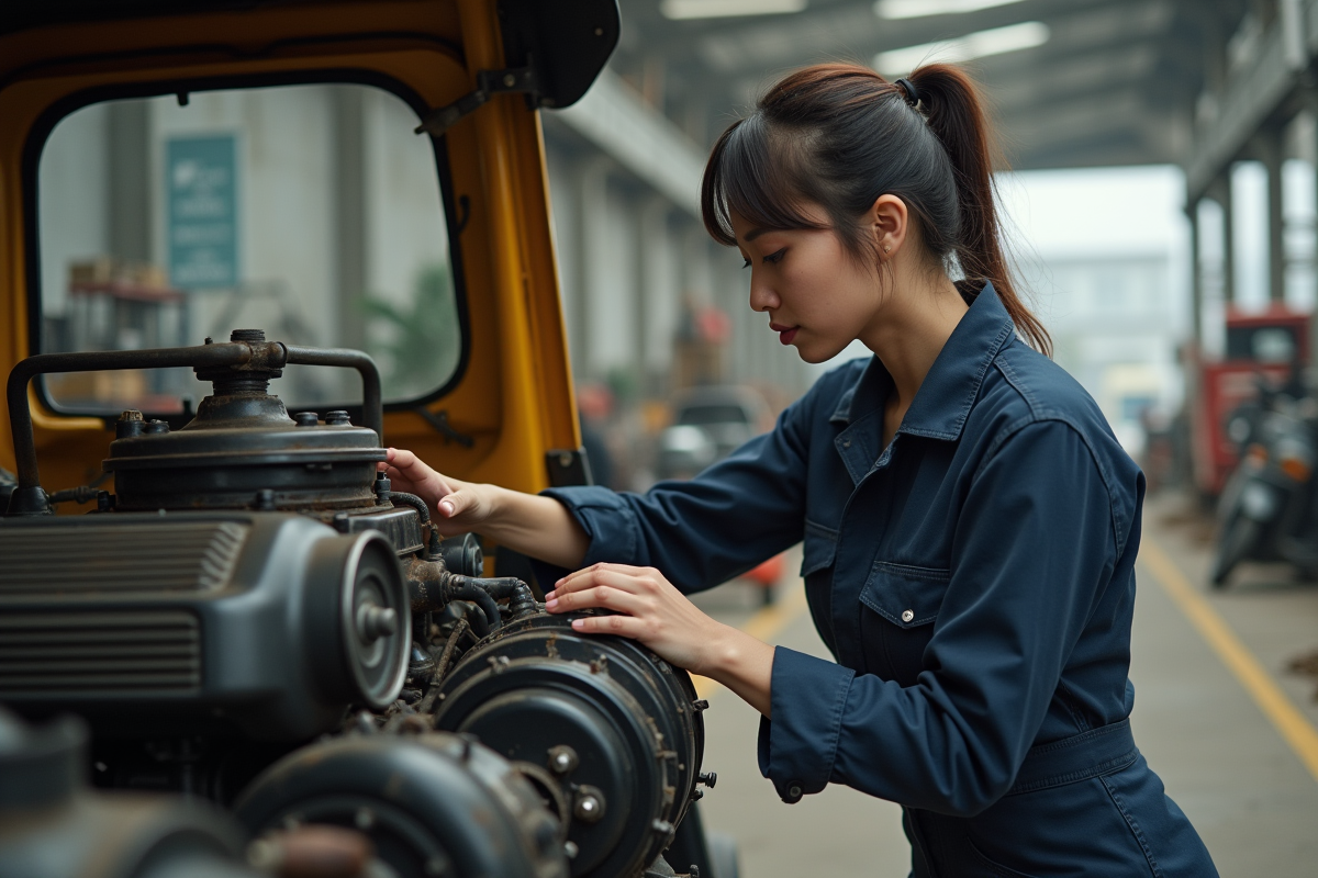 Jeune mécanicienne inspectant un moteur de tuk tuk