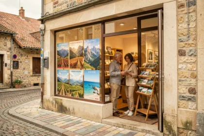 Agence de voyages en Bourgogne-Franche-Comté avec des affiches de destinations et un couple consultant des brochures