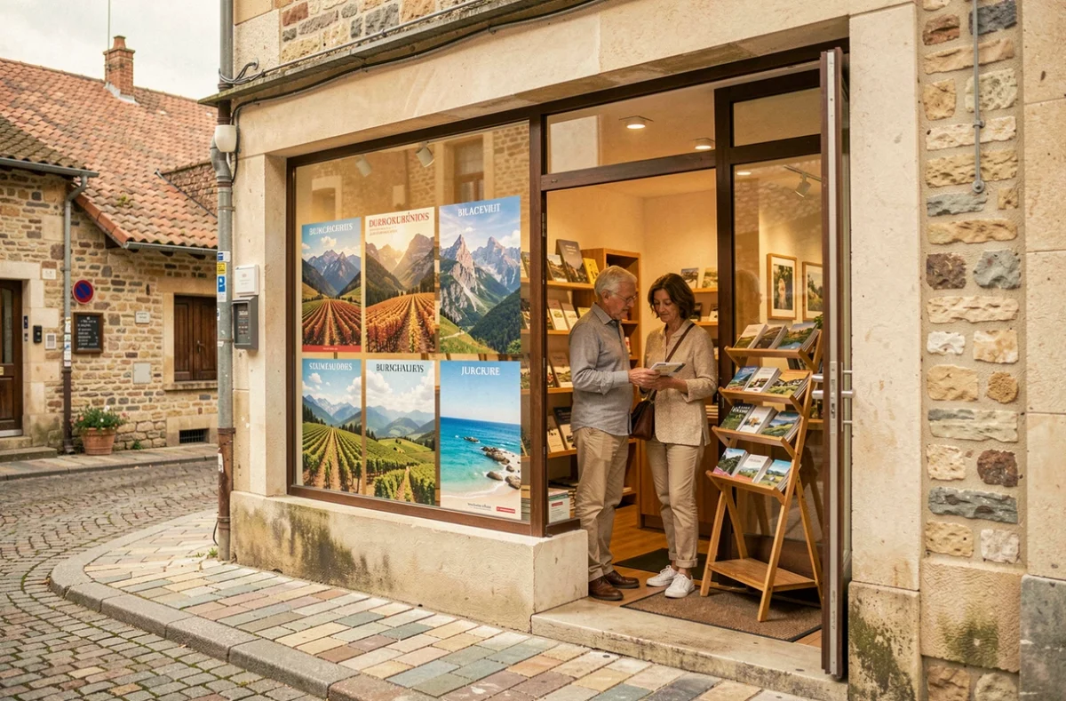 Agence de voyages en Bourgogne-Franche-Comté avec des affiches de destinations et un couple consultant des brochures