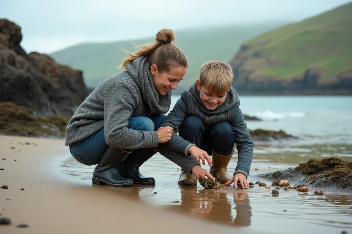 Mère et enfant découvrant des mares rocheuses sur une plage sauvage de l'île de Man