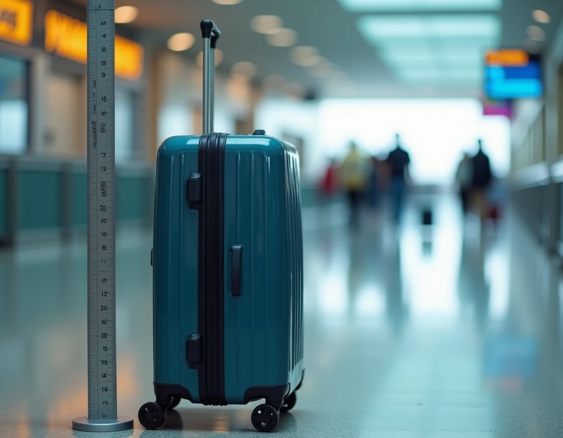 Mesure précise d'une valise cabine au centimètre près avec une règle métallique à l'aéroport