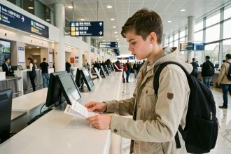 Adolescent de 16 ans au comptoir d'enregistrement d'un aéroport international, vérifiant ses documents de voyage seul