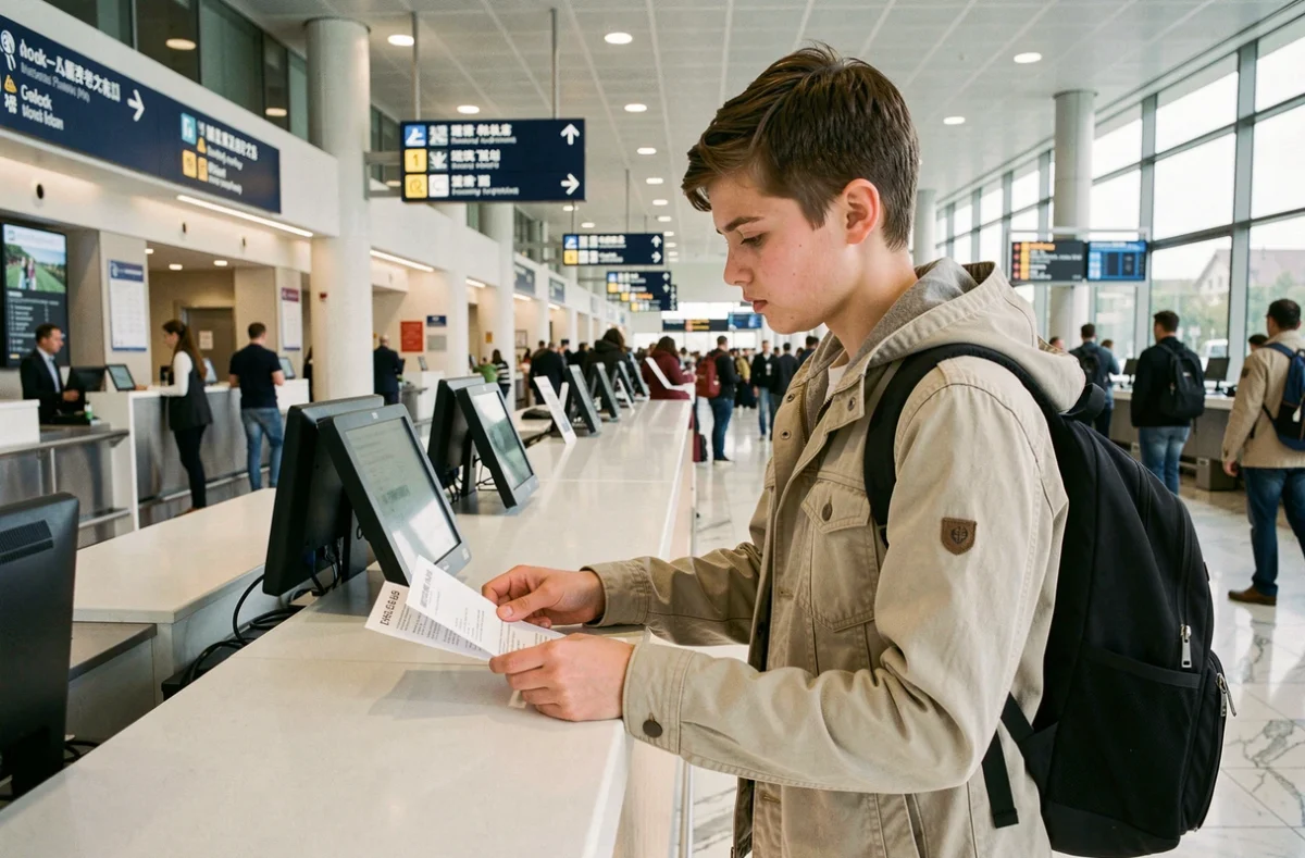 Adolescent de 16 ans au comptoir d'enregistrement d'un aéroport international, vérifiant ses documents de voyage seul