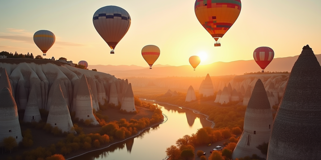 Montgolfières colorées survolant les formations rocheuses de Cappadoce au lever du soleil