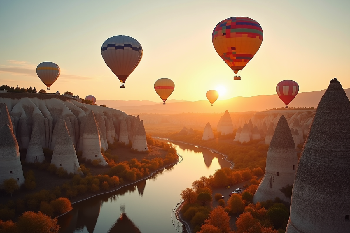 Montgolfières colorées survolant les formations rocheuses de Cappadoce au lever du soleil