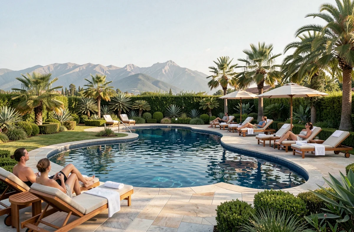 Piscine haut de gamme de l'Oasis Village camping cinq étoiles à Puget-sur-Argens avec vue sur le massif des Maures