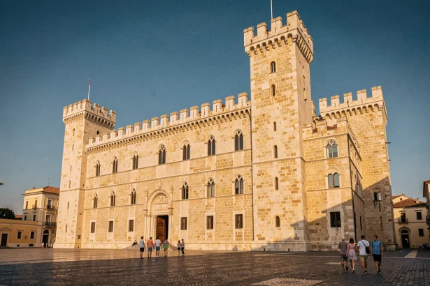 Façade extérieure du Palais des Normands à Palerme vue depuis la place du Parlement, avec des touristes en été