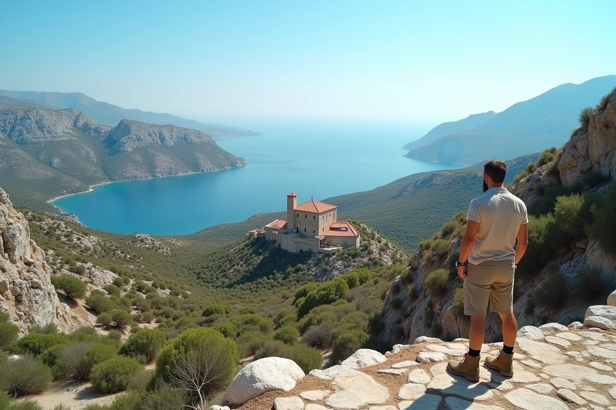 Panorama sauvage de la péninsule du Magne depuis Aréopoli avec vue sur le golfe laconien et les tours en pierre au loin