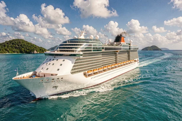 Paquebot de croisière naviguant dans les eaux turquoise des Caraïbes avec des îles tropicales en arrière-plan