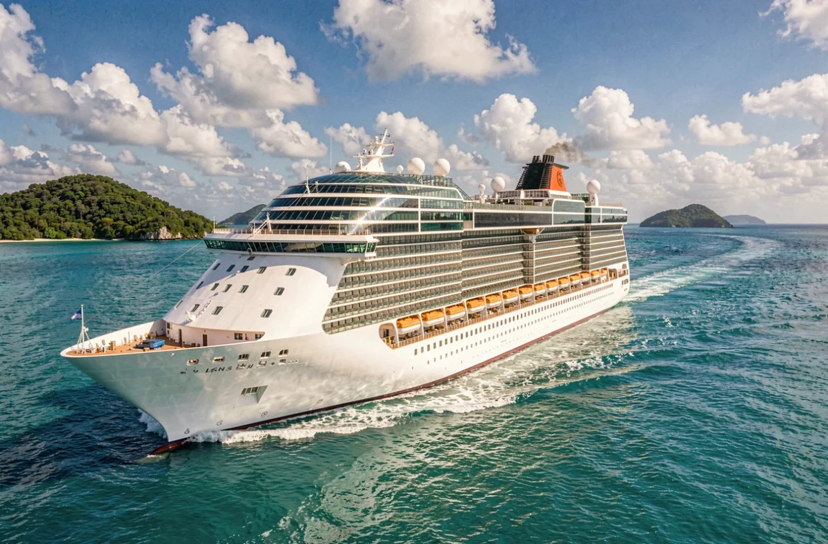 Paquebot de croisière naviguant dans les eaux turquoise des Caraïbes avec des îles tropicales en arrière-plan