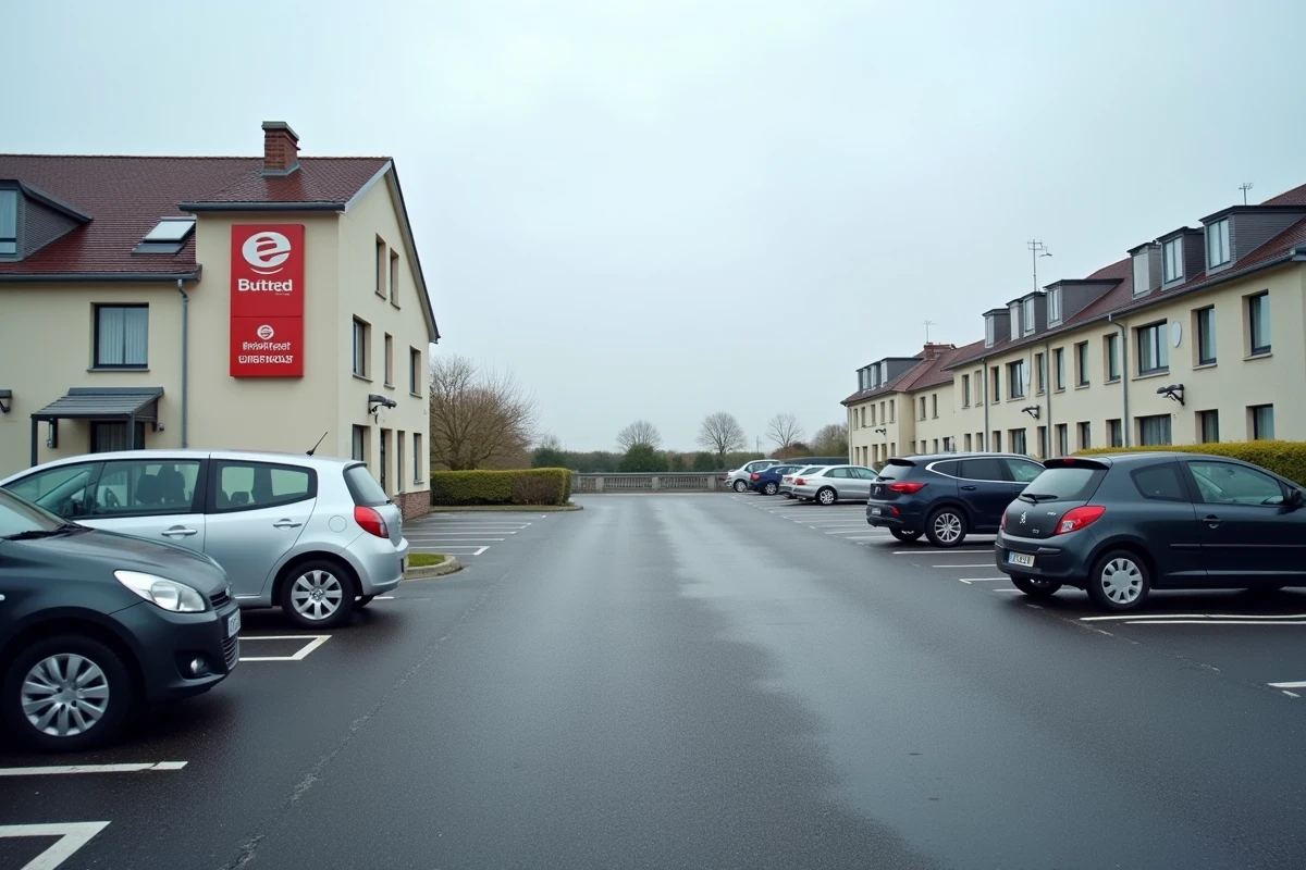Parking extérieur de l'hôtel ibis à Fécamp avec places disponibles pour les voyageurs