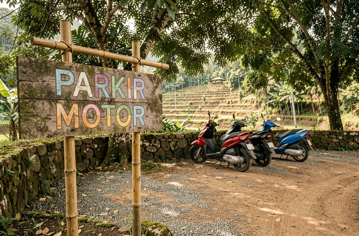 Panneau de parking pour scooters en bois et bambou à l'entrée des rizières de Tegallalang, Bali
