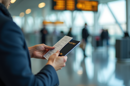 Personne à l'aéroport tenant un passeport ouvert et une carte d'embarquement