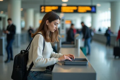 Jeune femme à la sécurité aéroport avec pince métallique
