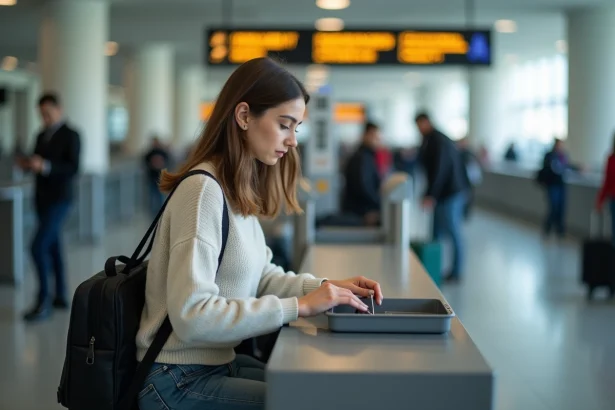 Jeune femme à la sécurité aéroport avec pince métallique