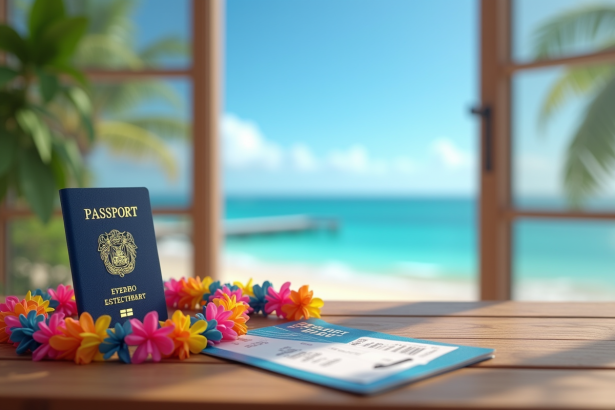 Passeport français et collier tropical sur une table