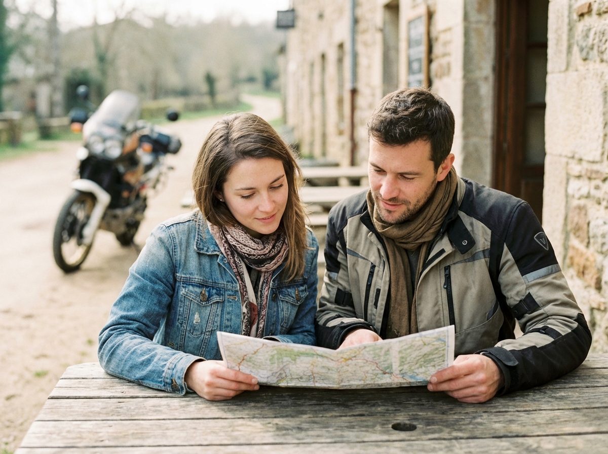 Homme et femme partageant un moment au café en moto