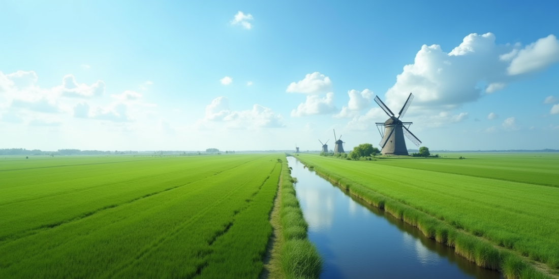 Paysage plat avec moulin traditionnel aux Pays-Bas