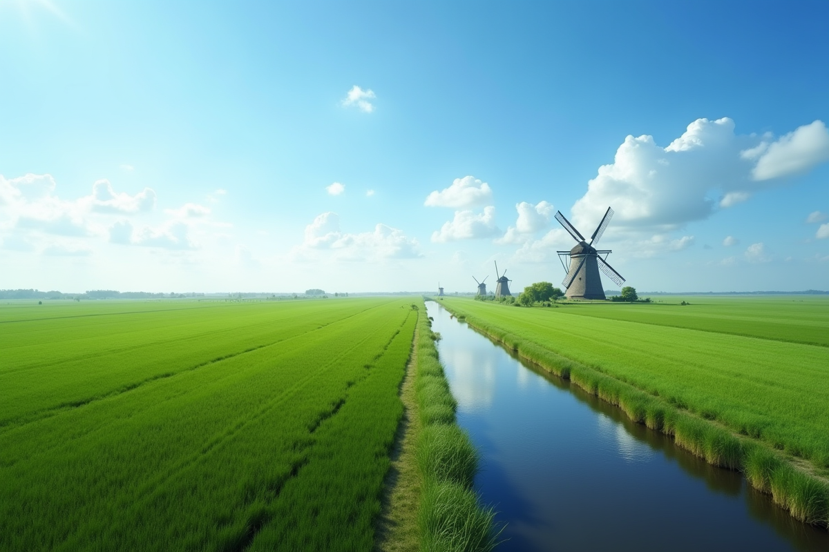 Paysage plat avec moulin traditionnel aux Pays-Bas