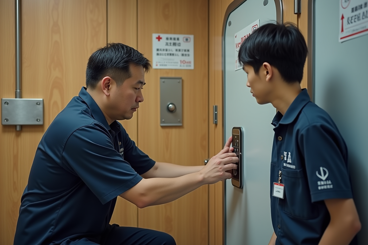 Employe montrant un codeur digital à un client dans un hotel capsule