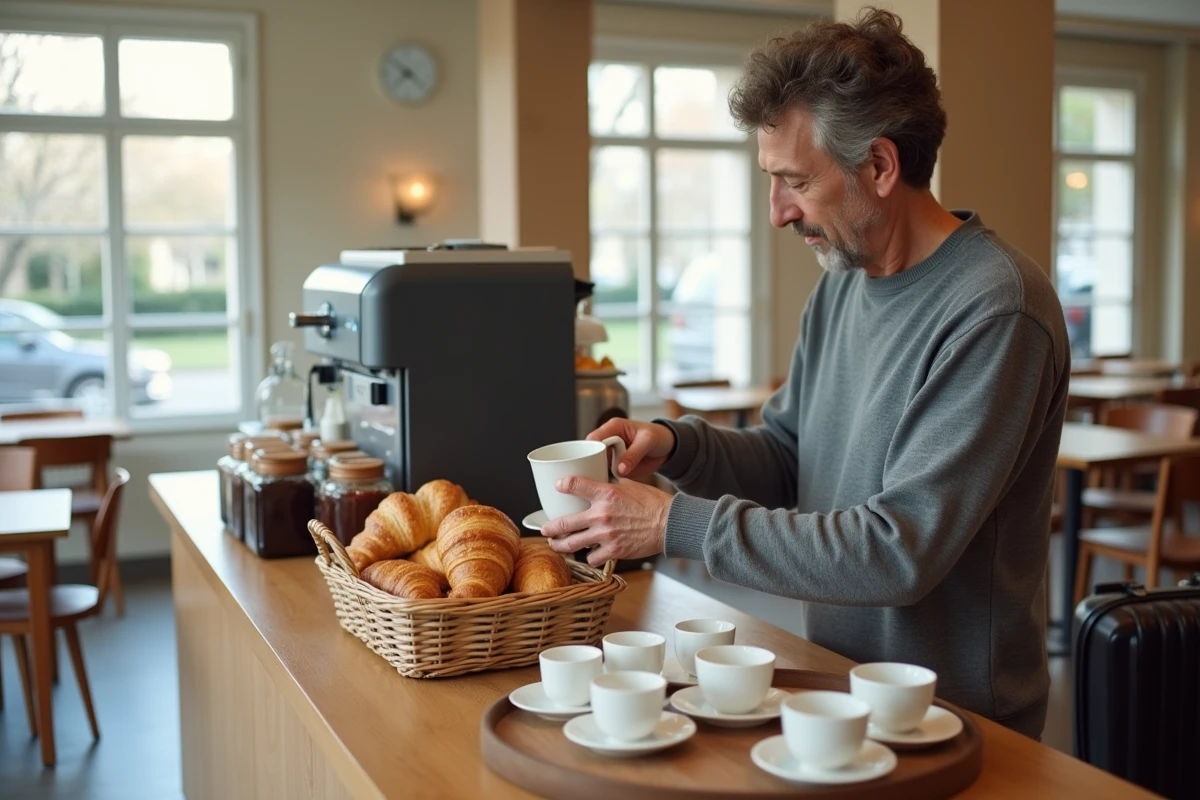 Espace petit-déjeuner buffet à l'hôtel ibis de Fécamp avec croissants et café en libre-service