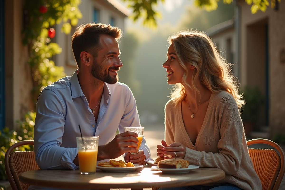 Couple dégustant un petit déjeuner romantique en Bretagne