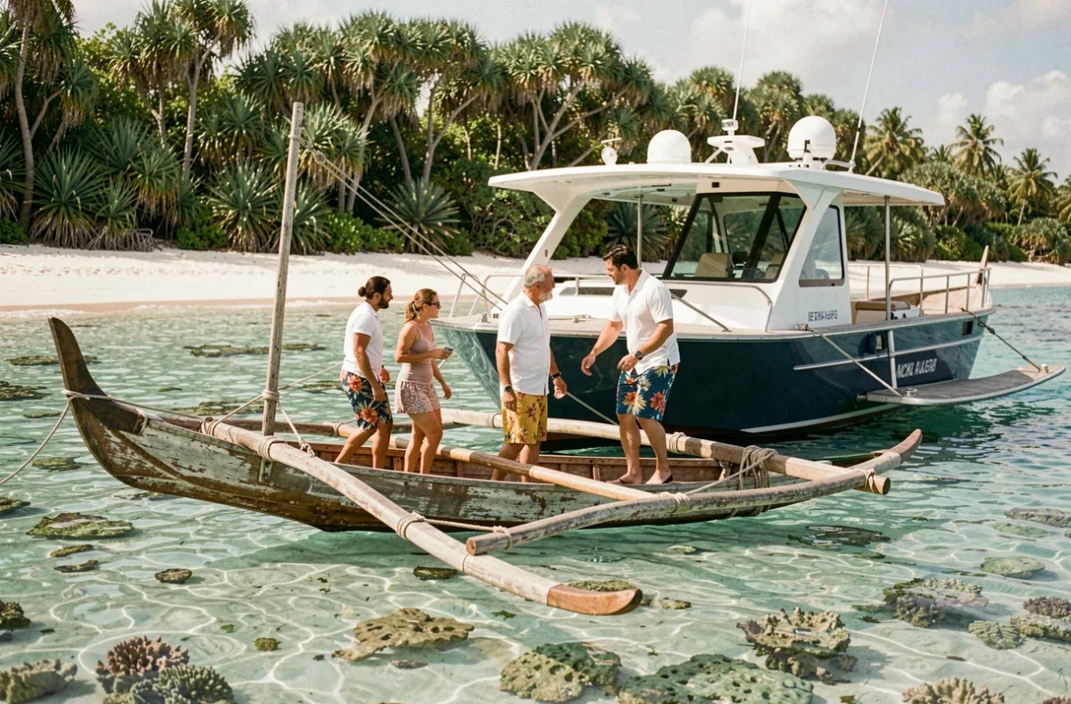 Touristes embarquant dans une pirogue polynésienne traditionnelle au côté d'une annexe de croisière