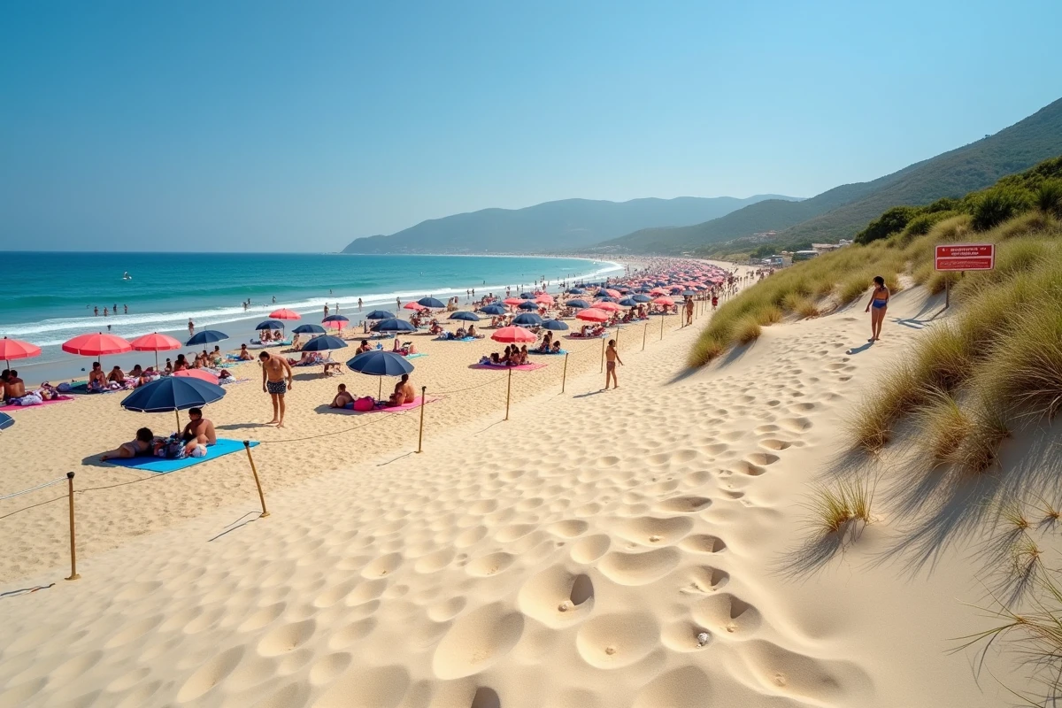 Plage de Corse animée avec parasols colorés et zone dunaire protégée signalisée, contraste entre tourisme et préservation naturelle