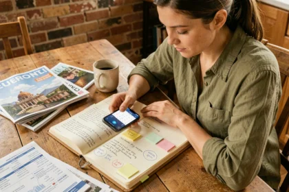 Femme planifiant ses voyages avec un agenda papier et son téléphone, optimisant ses dates de départ pour voyager plus souvent