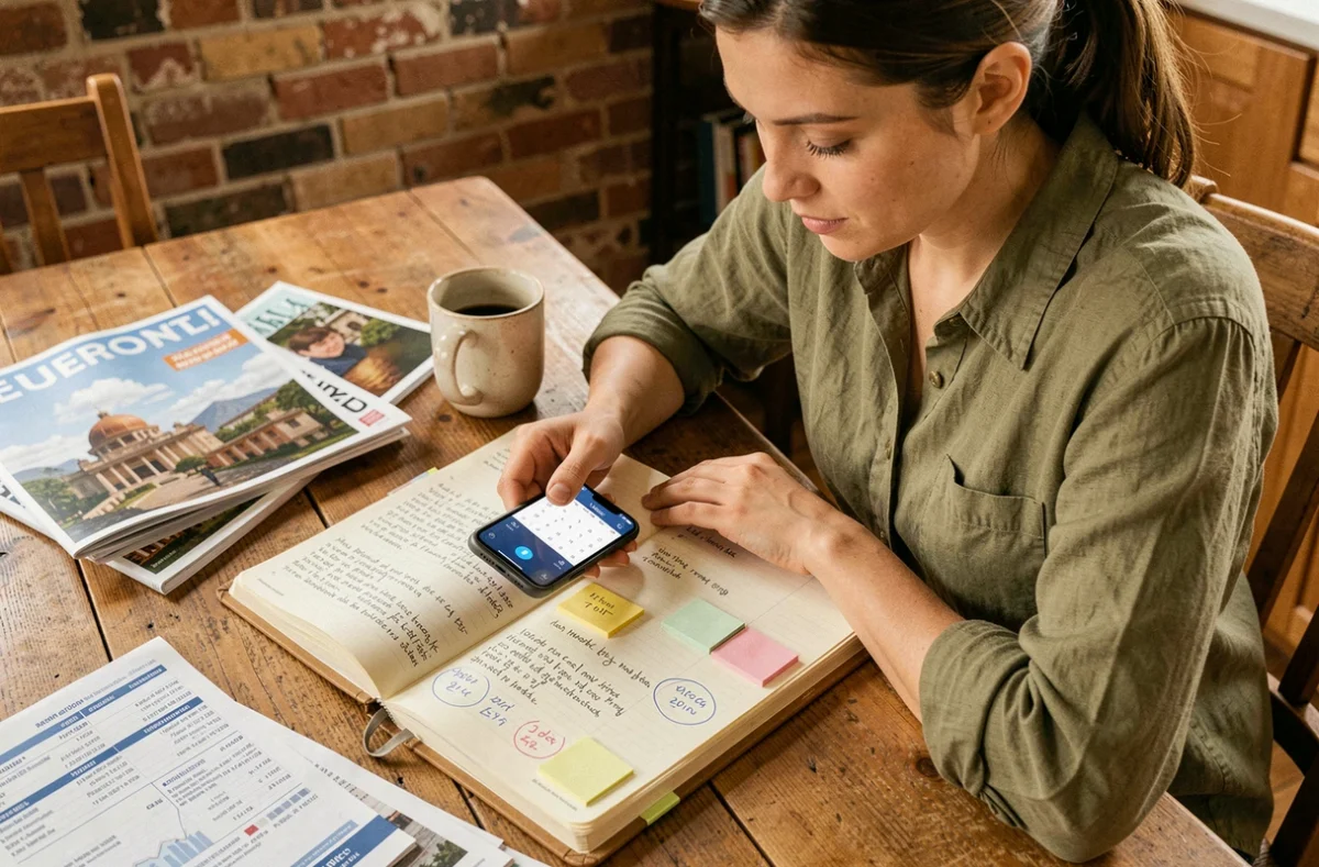 Femme planifiant ses voyages avec un agenda papier et son téléphone, optimisant ses dates de départ pour voyager plus souvent