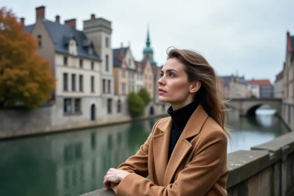 Femme en manteau camel sur le pont Sint-Michielsbrug à Gand avec vue sur les maisons de guilde du Graslei en automne