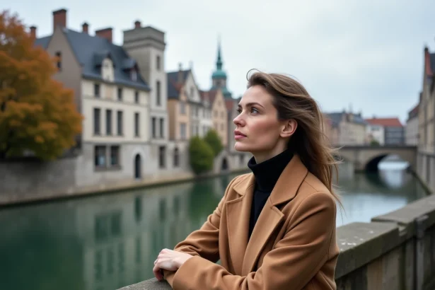 Femme en manteau camel sur le pont Sint-Michielsbrug à Gand avec vue sur les maisons de guilde du Graslei en automne