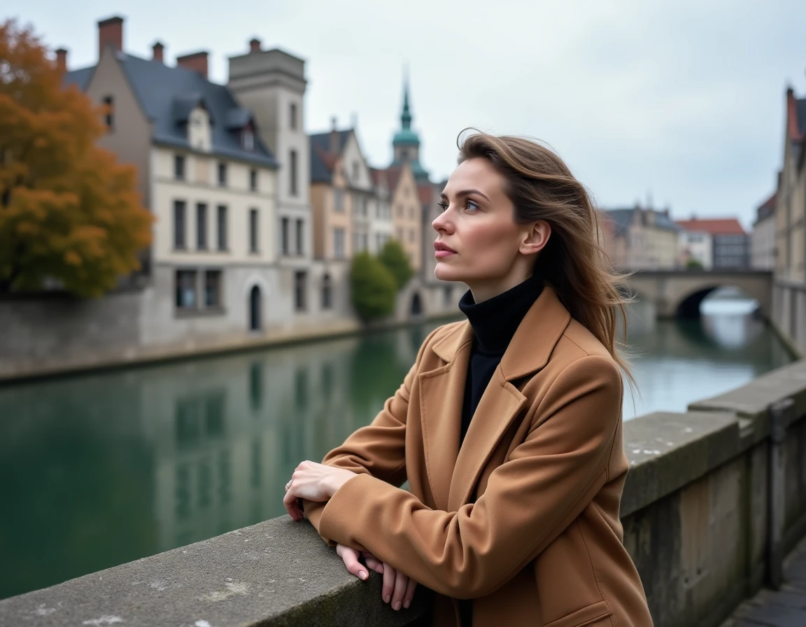 Femme en manteau camel sur le pont Sint-Michielsbrug à Gand avec vue sur les maisons de guilde du Graslei en automne
