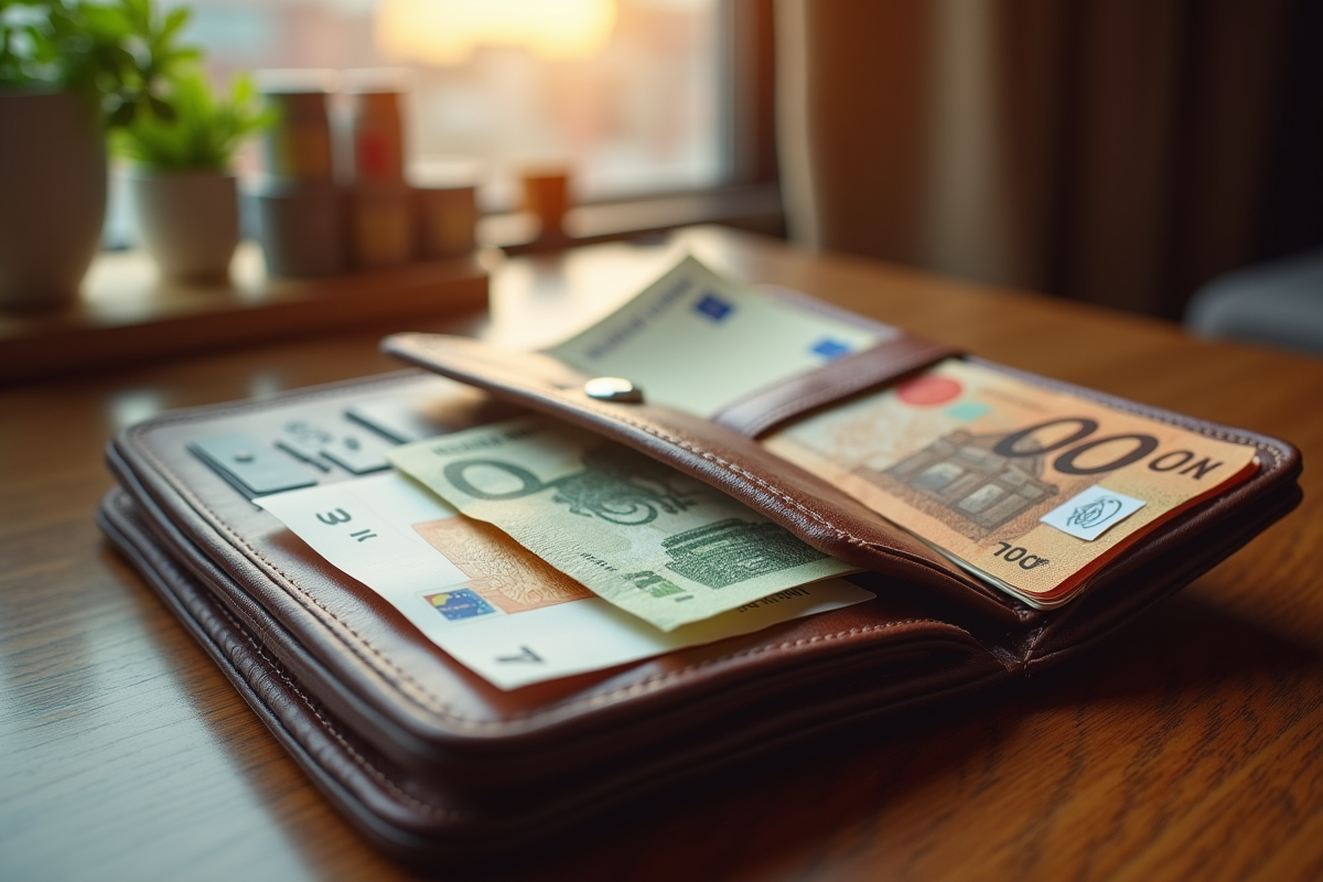 Portefeuille ouvert avec billets de won euros et carte de Seoul