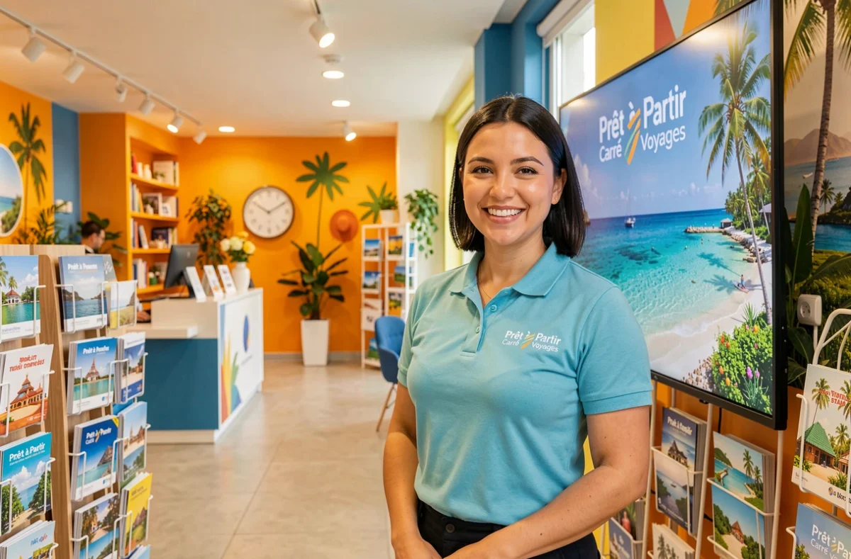 Agente souriante de l'agence Prêt à Partir Carré Voyages devant un écran de destinations exotiques