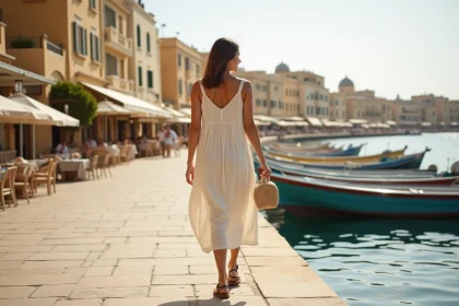 Femme se promenant le long du front de mer de Spinola Bay à St Julian's, Malte, avec des bateaux de pêche luzzu colorés amarrés dans le port