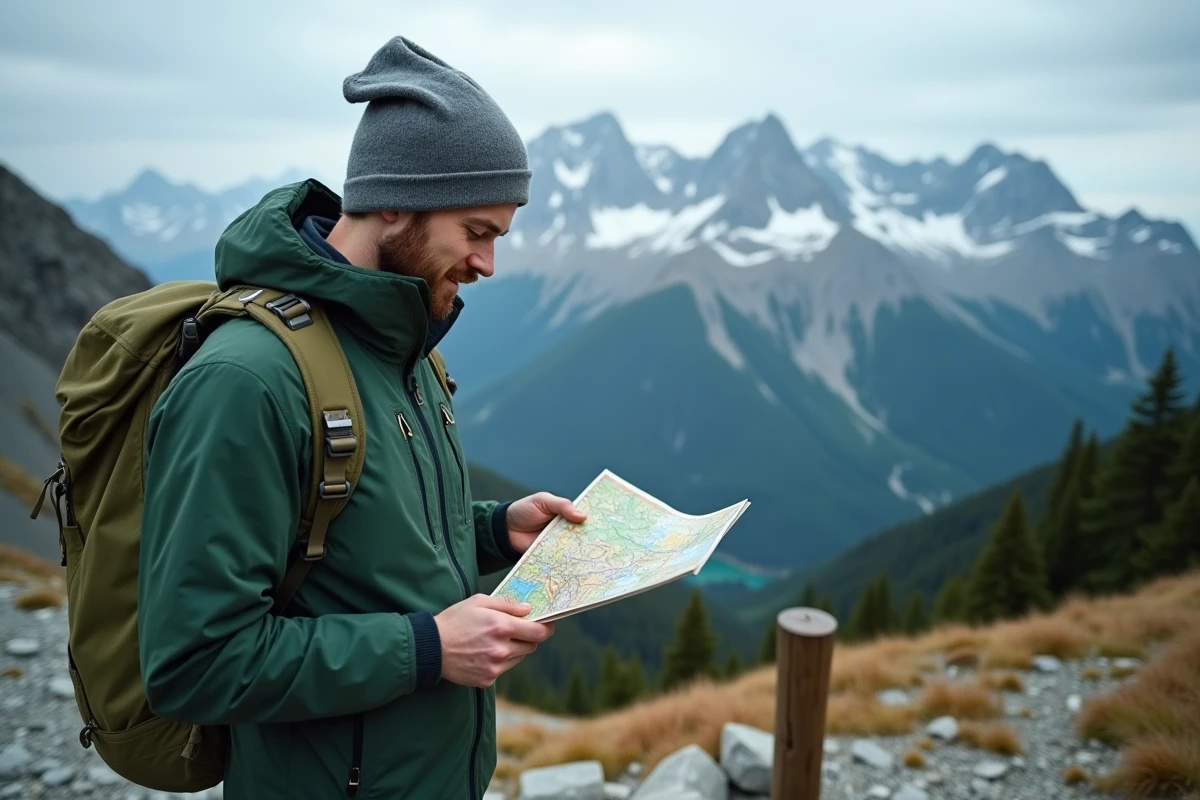 Randonneur tenant une carte de l'Allemagne du sud au sommet d'un belvédère dans les Alpes bavaroises près de la frontière autrichienne
