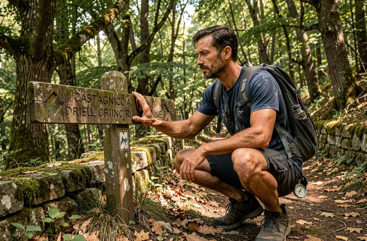 Randonneur examinant un panneau de sentier en bois dans la forêt de châtaigniers de la Castagniccia au nord de la Corse, avec une boussole et un sac à dos de randonnée