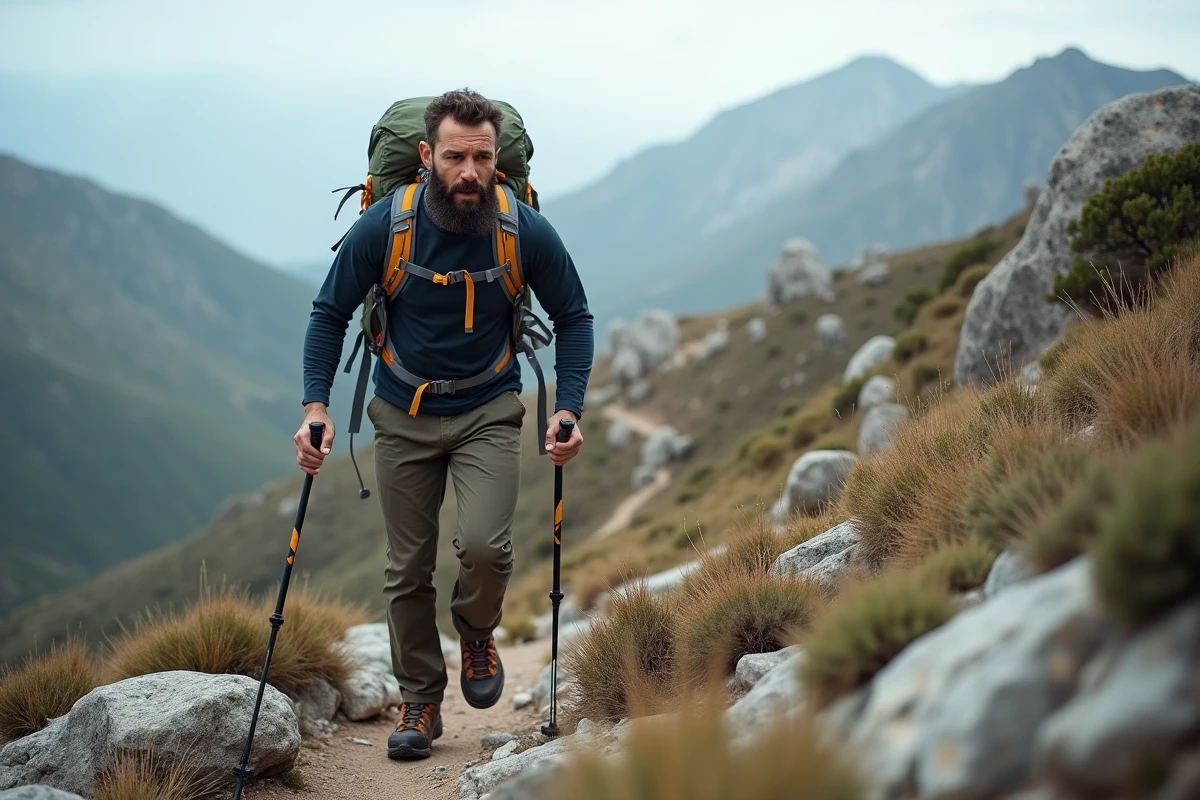 Randonneur avec sac à dos testant son endurance sur un sentier escarpé en Corse similaire au GR20
